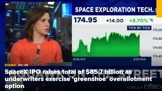 承销商行使绿鞋超额配售权，SpaceX IPO募资总额达857亿美元